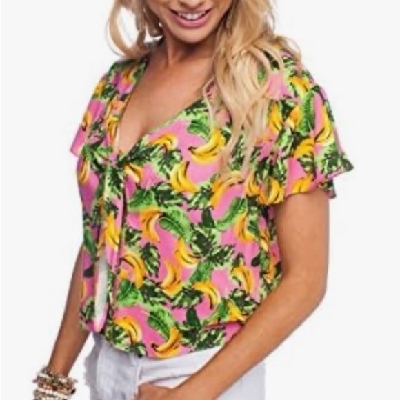 BuddyLove Banana Havana Tie Front V-Neck Flutter Sleeve Button Up Top Small - Picture 9 of 17